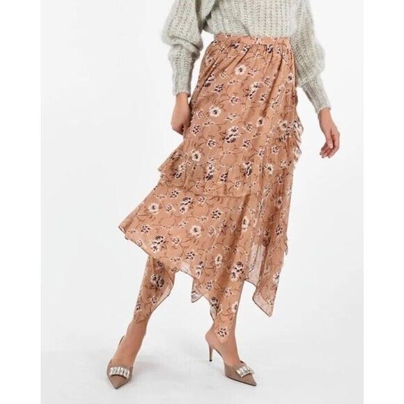 ULLA JOHNSON Torrie Crean Silk Floral Print Asymmetrical Hem Midi Skirt Size 6 - Picture 1 of 14